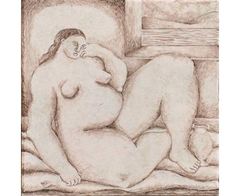 Pauline Hughes (contemporary)Nude figure studySigned and dated 2002, painted ceramic tile; together with a further monochroma
