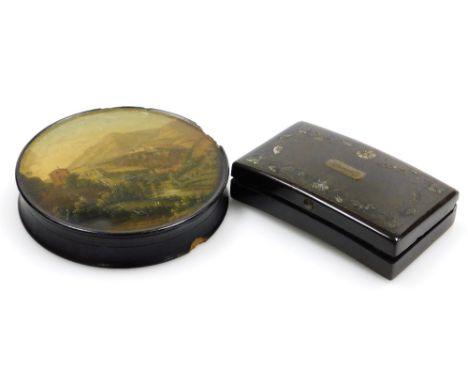 A papier mache circular box, painted with a Continental landscape, 9.5cm diameter (AF), and a continental snuff box with piqu