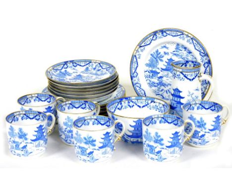 A late 19thC Granger Worcester porcelain part tea service, decorated in blue and white with a chinoiserie pattern, within gil