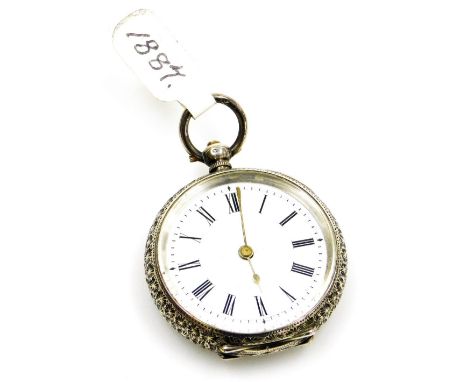A late 19thC Swiss pocket watch, open faced, key wind, the case stamped 0.935, with a white enamel dial with Roman numerals, 