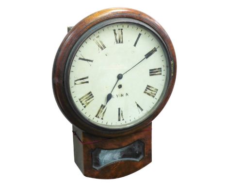 A Victorian mahogany drop dial wall clock, the painted dial bearing Roman numerals, indistinctly signed Lynn, with fusee move