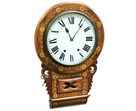 A late 19thC American walnut and parquetry drop dial wall clock, the painted dial bearing Roman numerals, eight day movement,