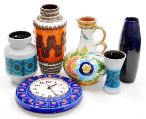 A collection of German fat lava and other ceramics, to include a vase decorated in deep orange, brown and white, two similar 