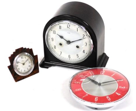 A Smith's Enfield mantel clock, in domed Bakelite case, with 14cm diameter Arabic dial and eight day movement, a further Art 