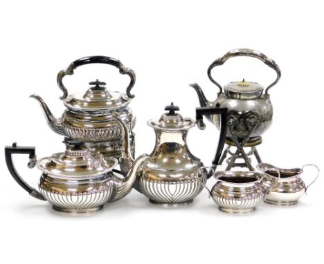 Silver plated wares, etc., early 20thC kettle on stand, with ebonised handle, 36cm high, part service with gadrooned body, co