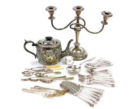 A group of plated wares, to include a late 19th/early 20thC electroplated teapot, with ebonised knop, scroll handle, the body