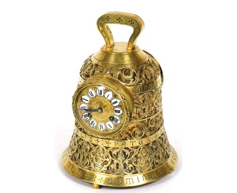 A late 19thC French liturgical brass bell shaped clock, the brass dial bearing enamel Roman numeral, eight day movement, stam