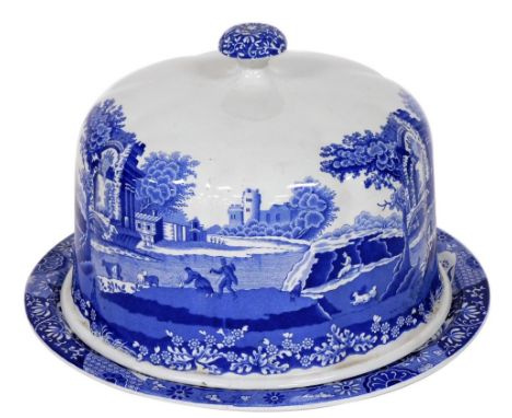 A Spode printed blue and white Italian pattern circular cheese dome, black printed mark to underside, shape design indistinct