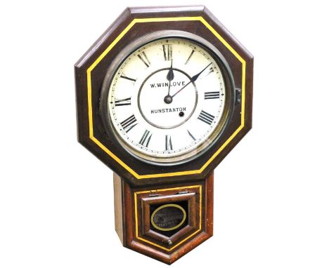 A 19thC mahogany and parcel gilt drop dial wall clock, made by Seth Thomas of Thomaston, Connecticut USA, the dial painted wi