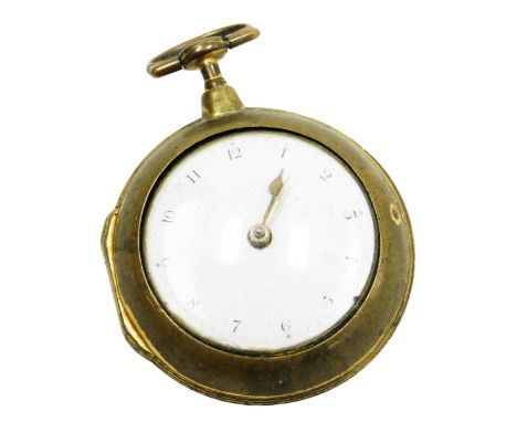 An 18thC gilt pair cased pocket watch, by John Berry, London, open faced, key wind, enamel dial bearing Arabic numerals, four