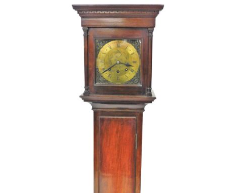 A mahogany cased grandmother clock, the circular brass dial with spandrels, chapter ring bearing Roman numerals, eight day mo