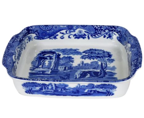 A Spode blue and white Italian pattern rectangular twin handled serving dish, printed mark in black, 40cm wide. 