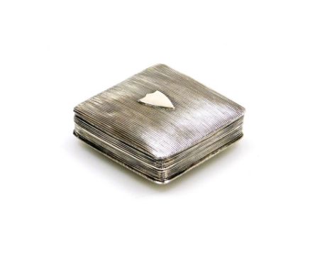 A Continental white metal snuff box, of square cushioned form, with vacant shield cartouche to lid, the hinged lid enclosing 