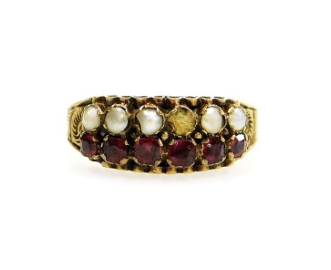 A 12ct gold ring, set with seed pearls and rubies in two rows (lacking one pearl), ring size M½, 2.3g all in. 