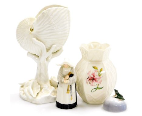 A Royal Worcester porcelain candle snuffer of a nun, 10cm high (AF), a Royal Copenhagen model of a frog on a lily pad, 5cm wi