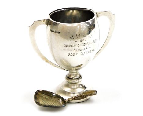 A George V silver two handled trophy, engraved 'MHBC 1940 Consolation Tournament Winner Robert Garrett,' Sheffield 1934, 10cm