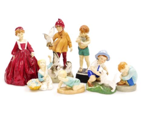 A group of Royal Worcester porcelain figures, some possibly prototypes, chiefly modelled by Freida Doughty, comprising a crou
