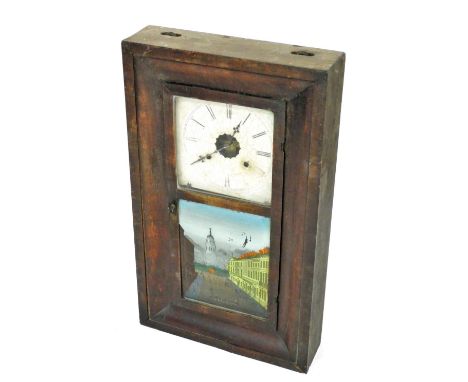 An early 20thC American wall clock, with an enamelled Roman numeral dial, the base with a glass panel depicting a view of St 