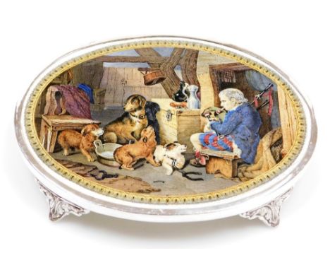 A Prattware oval pottery teapot stand, the transfer printed scene after Sir Edwin Landseer entitled Highland Music, with an e