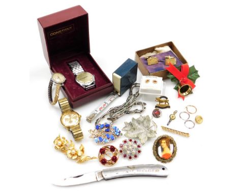 Costume jewellery and effects, Tissot stainless steel cased wristwatch, a Bentina style gold plated wristwatch, pocket knife,