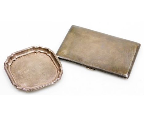 A George V silver cigarette case, with engine turned decoration, London 1935, 12.5cm wide, 5½oz, and a George VI silver pin t
