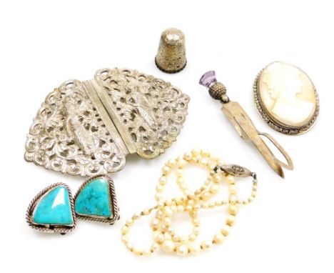 A group of costume and dress jewellery, comprising a cameo brooch, an Eastern white metal belt buckle, silver thimble, marks 