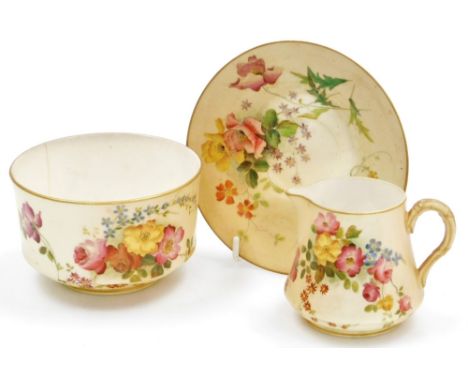 Three items of Royal Worcester blush porcelain, comprising saucer, 12.5cm diameter, sugar bowl (AF) 10cm diameter, and milk j