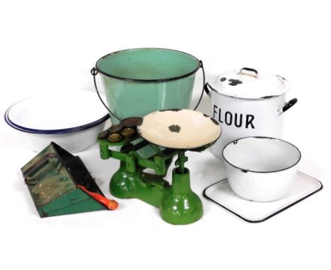 A vintage white and black enamel flour bin, set of scales, other enamel items to include a green bucket, etc. (a quantity)