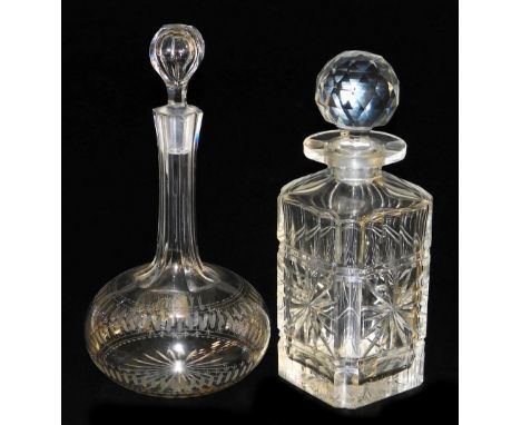 A square cut glass decanter, with star and groove cut decoration and faceted stopper, 23.5cm high, and a globe and shaft glas