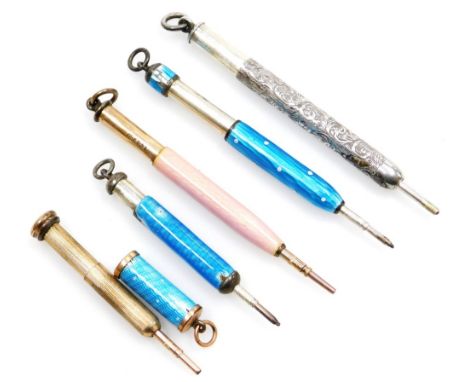 Five propelling pencils, comprising three blue enamel examples, one pink, and one silver plated example with scroll decoratio