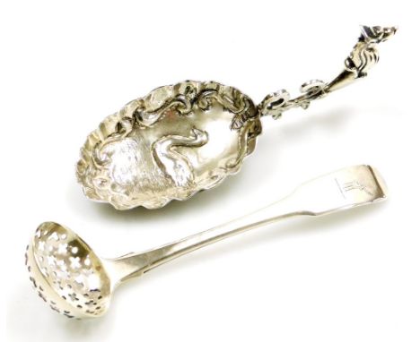 A Georgian silver fiddle pattern sifter spoon, with engraving to handle, possibly London 1829, 11.5cm long, and a Victorian s