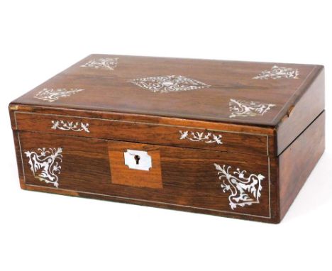 A Victorian rosewood and mother of pearl inlaid writing box, the hinged lid enclosing a fitted interior with later leather in