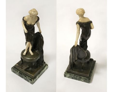 SIGNED ART DECO BRONZE FIGURE OF WOMAN - SLIGHT DAMAGE TO HER FINGER BUT OTHERWISE GOOD CONDITION - 26CM TALL - PETER TERESCZ