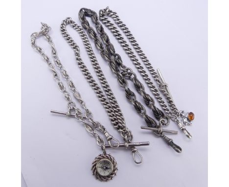 A silver fancy link Watch Chain, with silver compass fob suspended, together with two silver curblink watch chains, and one o