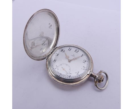 An Omega silver hunter cased Pocket Watch, the signed white enamel dial with Arabic Numerals, subsidiary seconds dial, signed