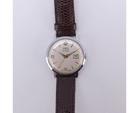 A vintage Oris Super stainless steel Wristwatch,&nbsp;the silvered dial with gilt hands, batons and numerals, date aperture a