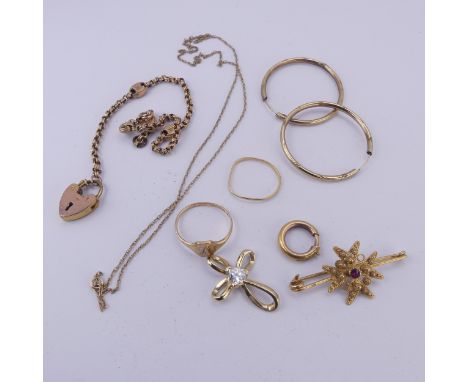 A quantity of damaged / scrap Gold; 19.8g of 9ct, including a part watch chain formed into a bracelet, an Ankh Cross set cubi