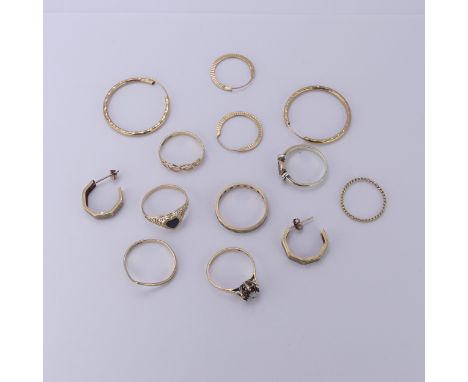 A small 9ct yellow gold opal and garnet cluster Ring, Size L, together with a quantity of 9ct gold hoop earrings, and rings, 