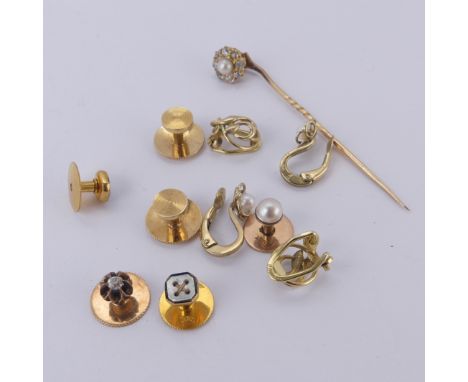 A diamond and seed pearl Stick Pin, the cluster approx. 9.5mm screw fitting onto the pin, all unmarked, tested as 18ct, 3g, t