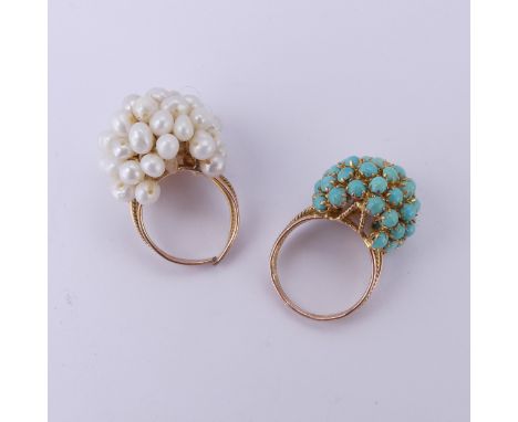 A vintage turquoise cluster Ring, of bombé form, with a five strand wirework shank of alternate polished and textured strands