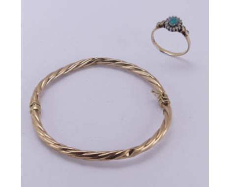 An opal doublet and diamond cluster Ring, mounted in 9ct yellow gold, Size T, together with a 9ct yellow gold hollow hinged b
