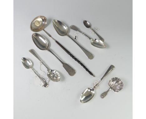 A quantity of Newcastle silver Flatware, including two table spoons by John Walton, one Old English pattern, 1720, the other 