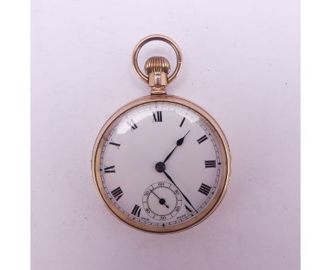 A 9ct gold open face Pocket Watch, the unsigned white enamel dial with Roman Numerals, subsidiary seconds dial, manual crown 