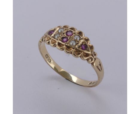 A ruby and seed pearl Ring, in the antique style mounted in 9ct yellow gold, Size P, together with a pair of small ruby and d