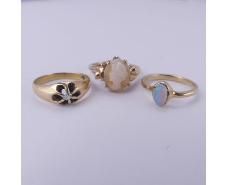 A small 14k yellow gold Ring, with diamond point centre, Size I½, 2.6g, together with an opal ring mounted in unmarked yellow