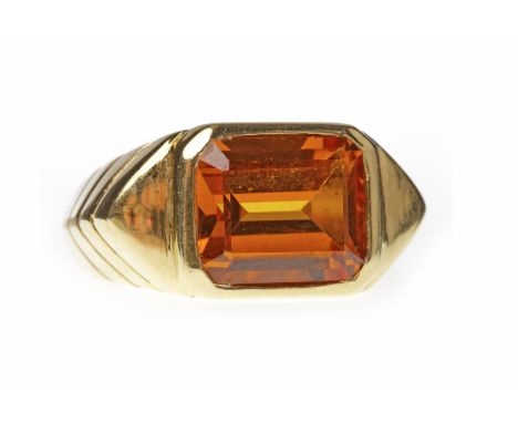 GENTLEMAN'S GEM SET RING
set with a central step cut orange stone 11.7x9.8mm, unmarked, size N-O, 10.1g