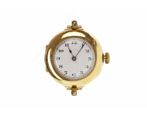EIGHTEEN CARAT GOLD MANUAL WIND TRENCH WATCH
signed Moeris 15 jewel movement, the round white enamel dial with Roman numerals
