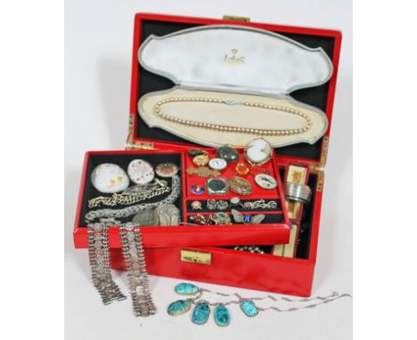 A jewellery box and contents including hallmarked silver, Modernist ear studs, white and yellow metal, Lotus pearls, Masonic 