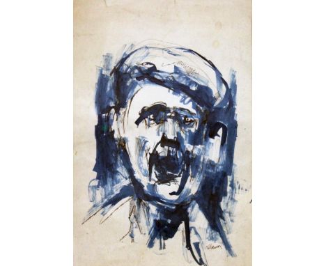 James Lawrence Isherwood FRSA FIAL, untitled, portrait of a man wearing a flat cap, pencil with blue wash, 40cm x 30cm, signe