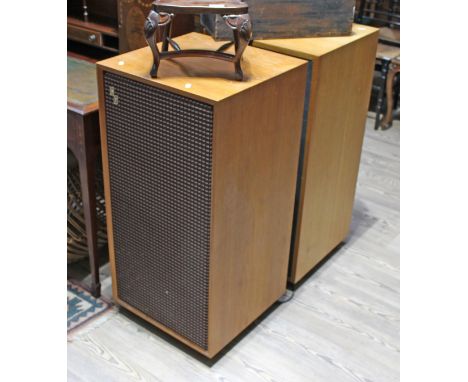 A pair of large teak loud speaker, makers label 'CG'.  dimensions: height - 94cm, width - 46cm, depth - 45cm.
